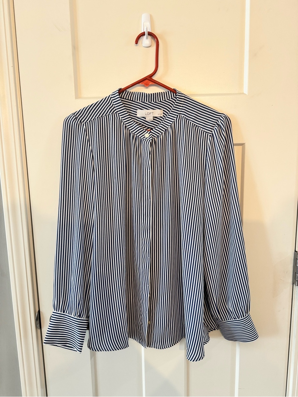 LOFT Navy & White Vertical-Striped Button Blouse